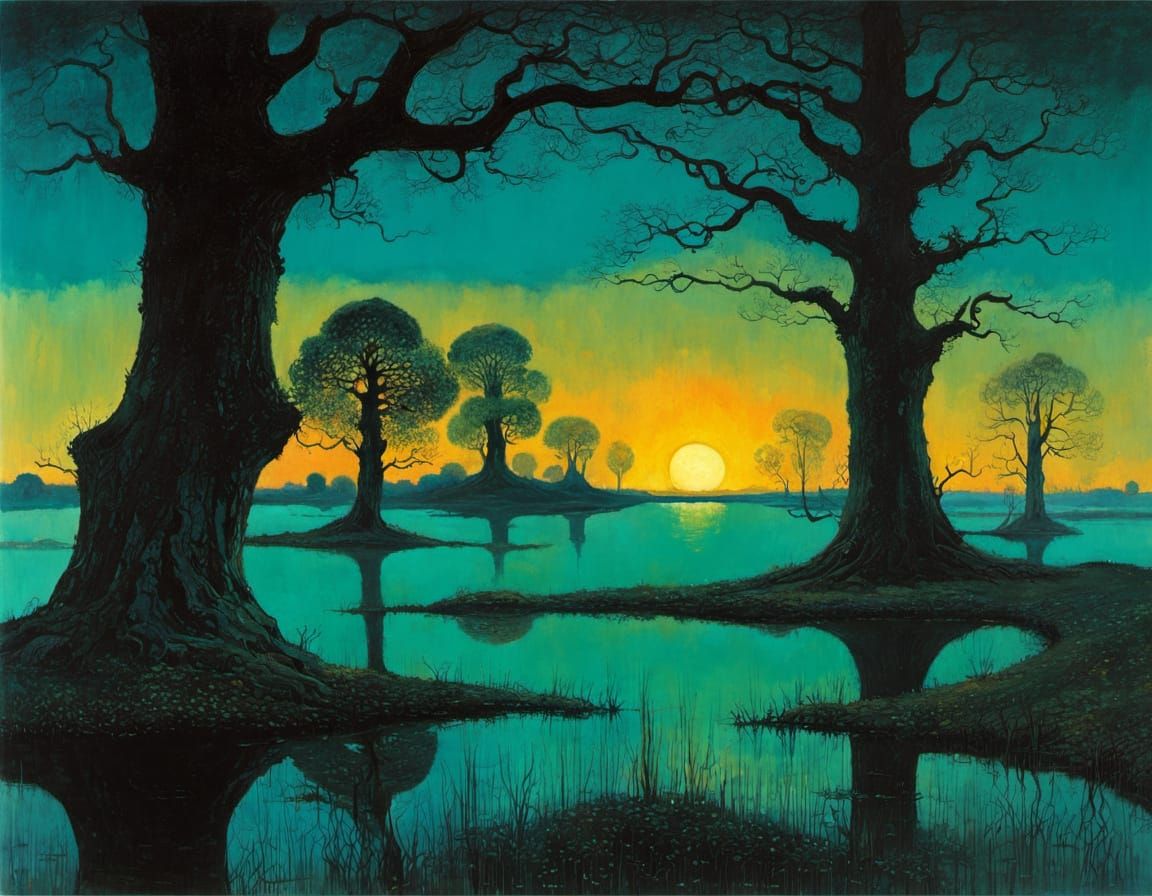 Mysterious Dusk Landscape with Majestic Oak Trees and Serene...