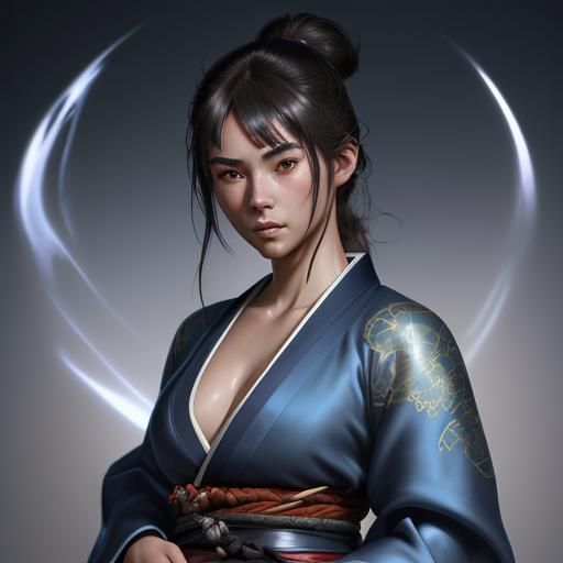 Happy Brunette Samurai in Blue Kimono Portrait