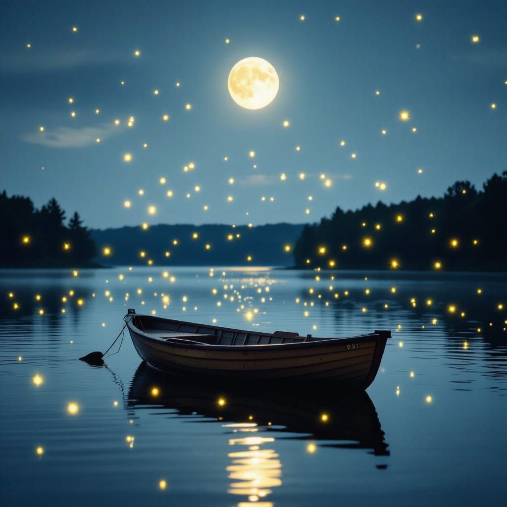 Magical Moonlit Lake with Fireflies and Boat