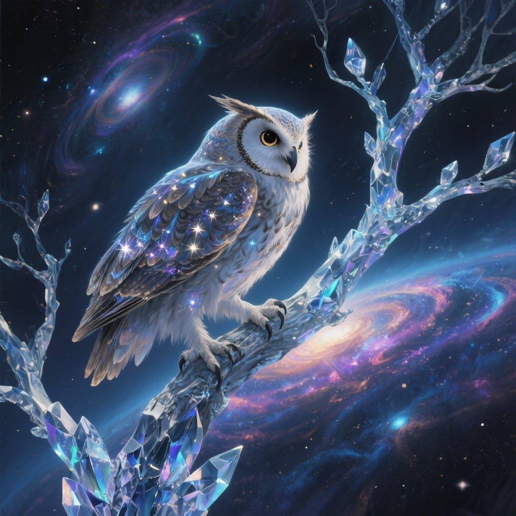 Starlight Owl Perched on Crystal Tree Branch