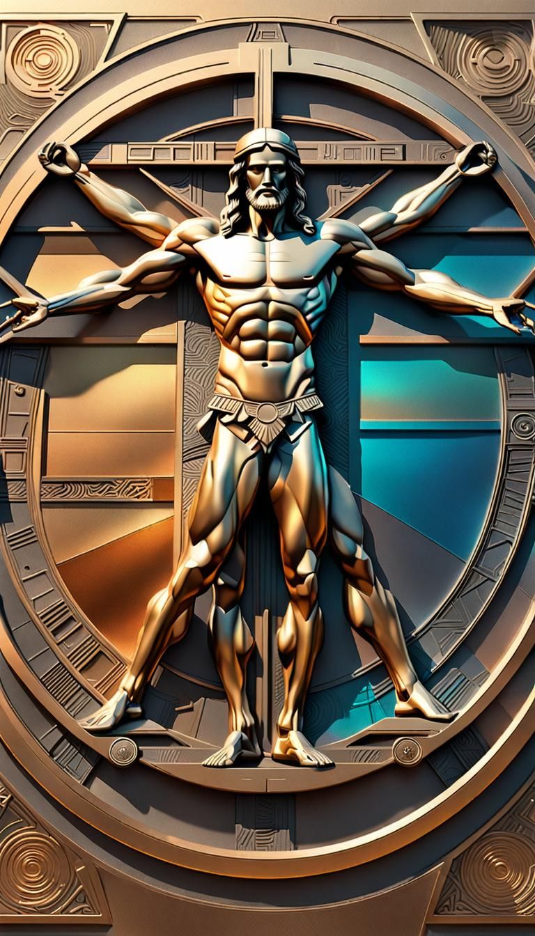 Geometric Vitruvian Man Graffiti Art in Metallic Alloy