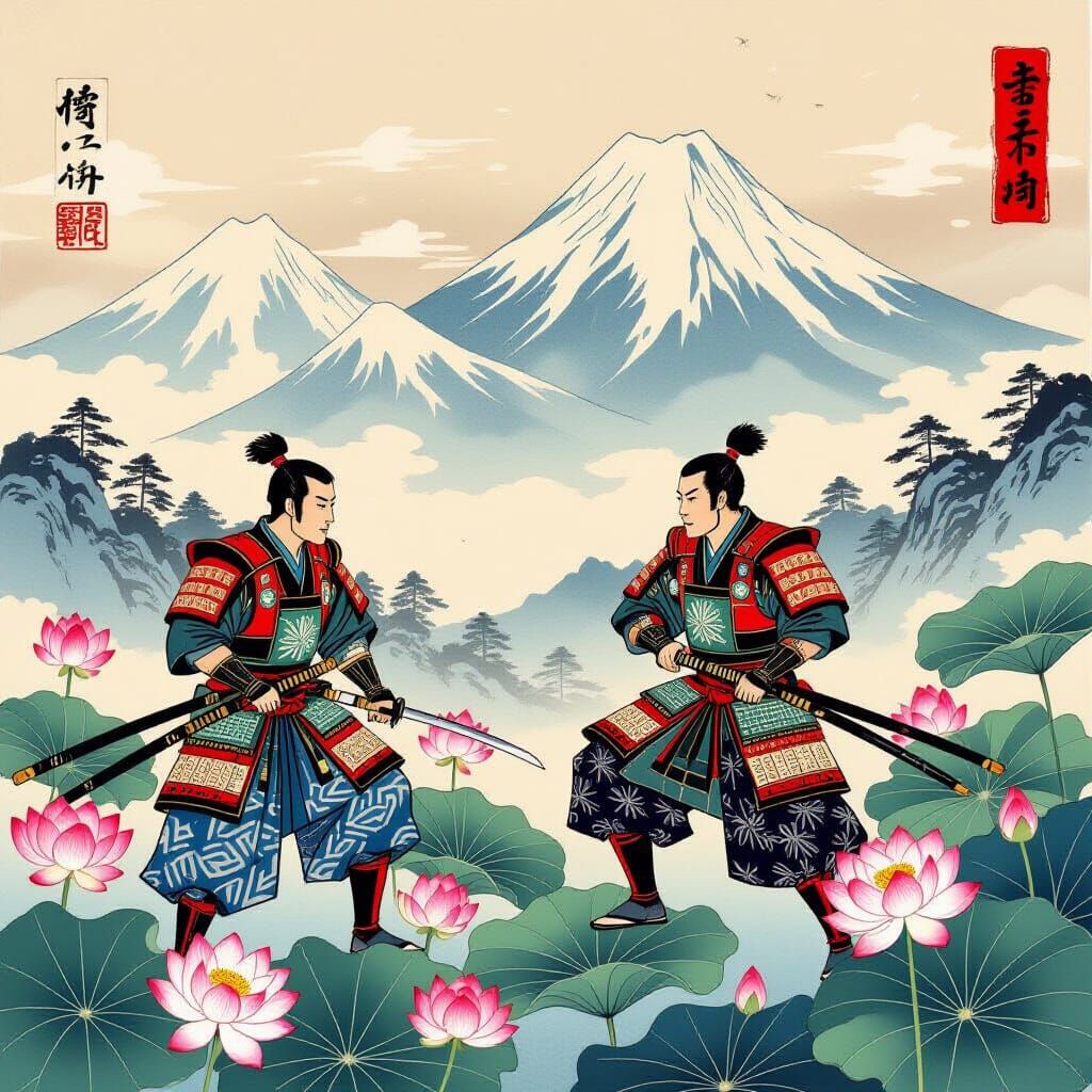 Samurai Warriors Amidst Lotus Flowers and Snowy Mountains in...