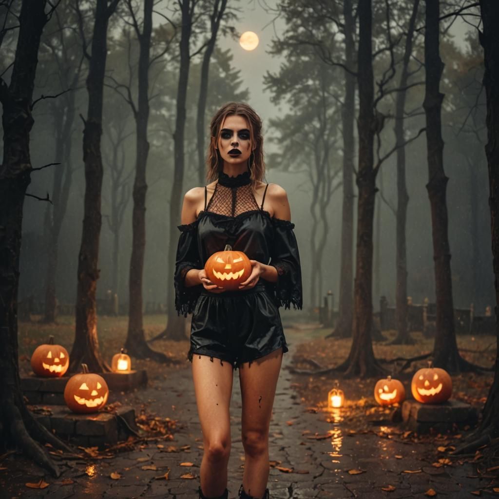 Young Vampire Woman with Pumpkin in Rainy Castle