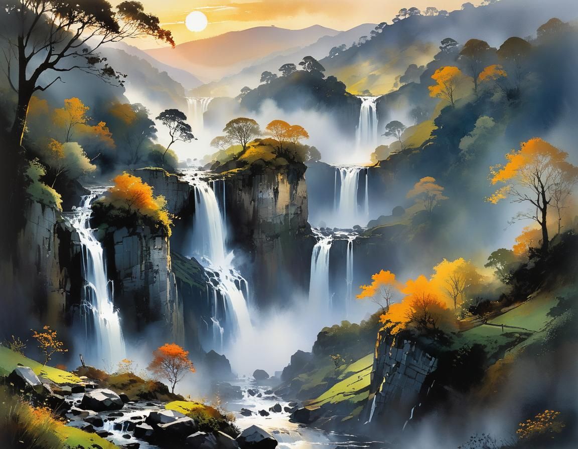 Misty Valley Waterfall at Sunset in Intricate Impasto Style