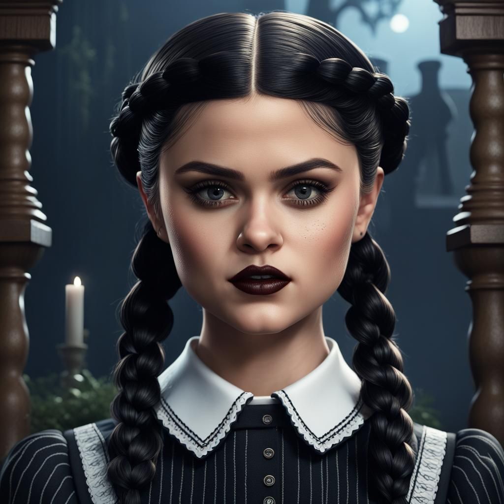 Selena Gomez as Wednesday Addams with braided hair