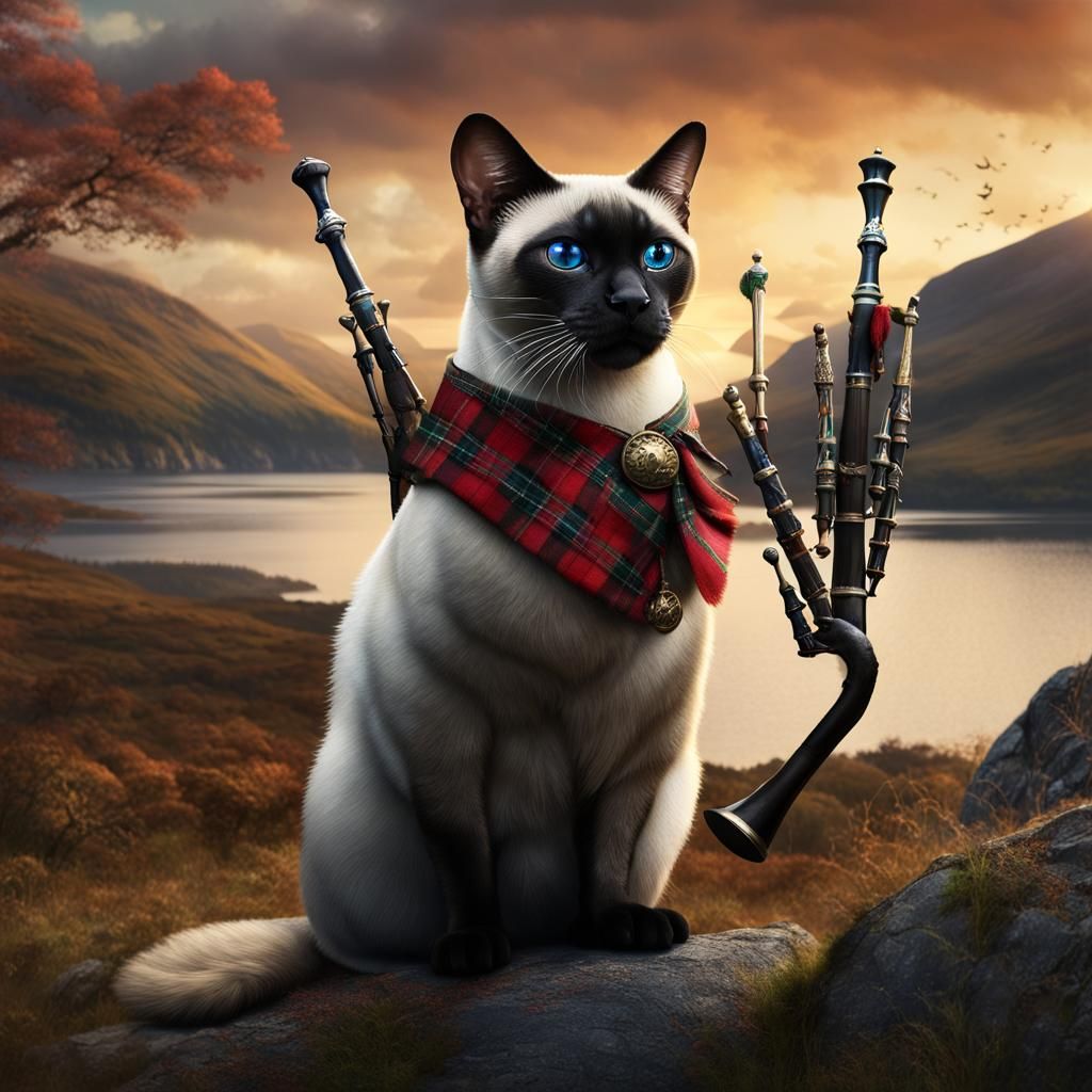 Siamese Cat with Bagpipes in Scottish Landscape