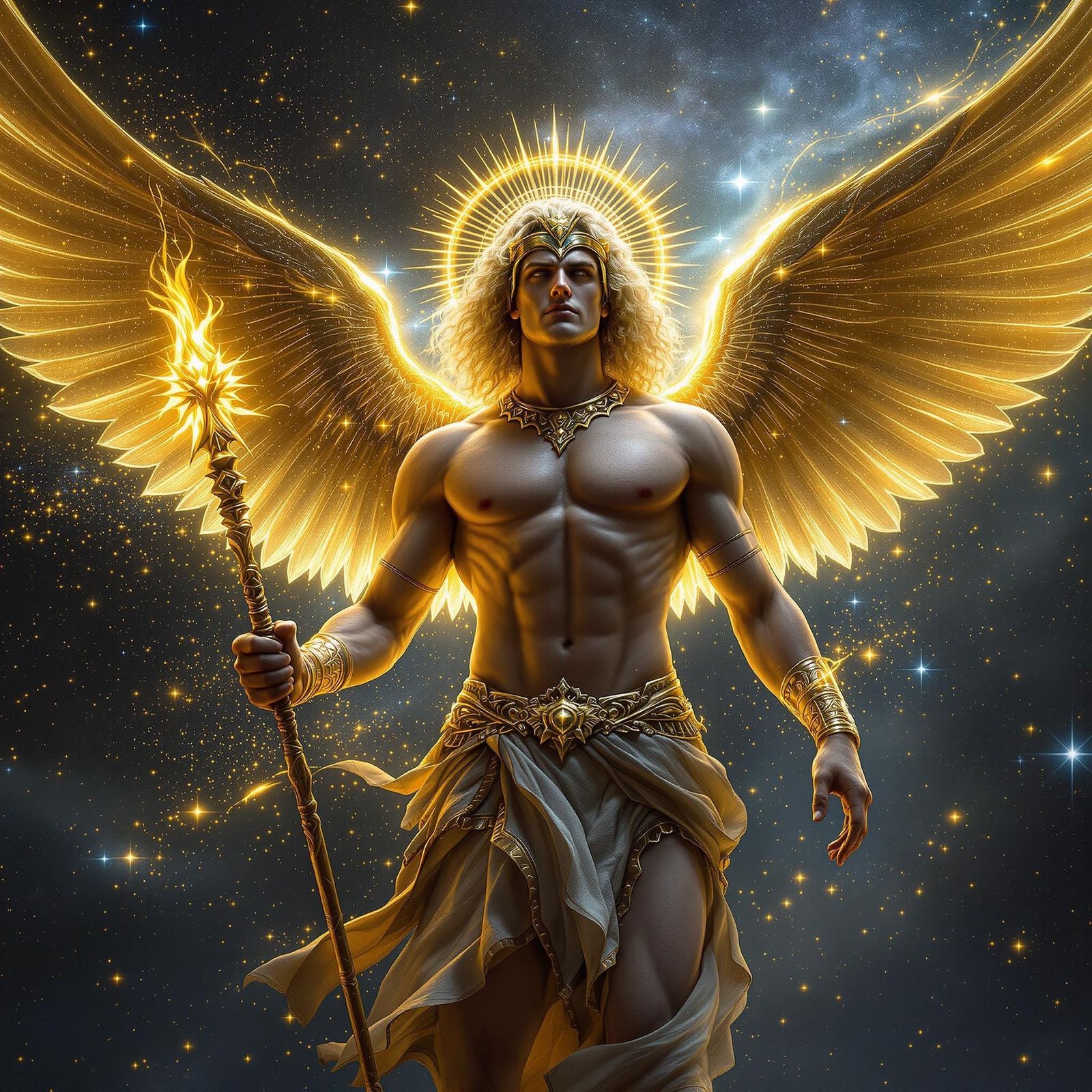 Golden Primordial God of Light in Cosmic Splendor