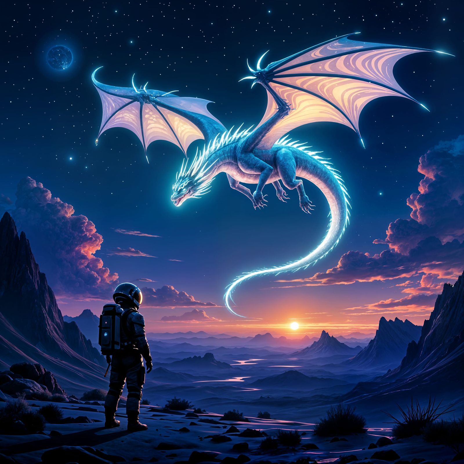 Bioluminescent Dragon Soaring Over Alien Planet in Hyperreal...