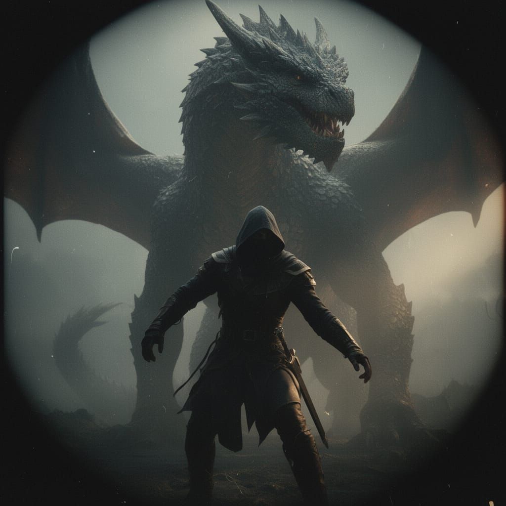 Shadowy Rogue Facing Colossal Dragon in Cinematic Film Still