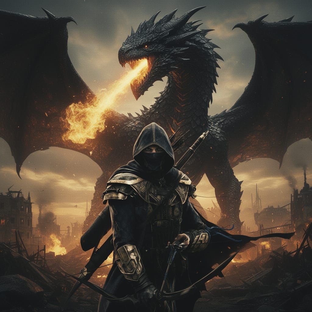 Shadowy Rogue Faces Fiery Dragon in Post-Apocalyptic Sky