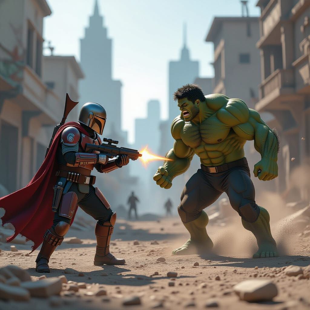 Mandalorian Battles Hulk in Ruined Cityscape
