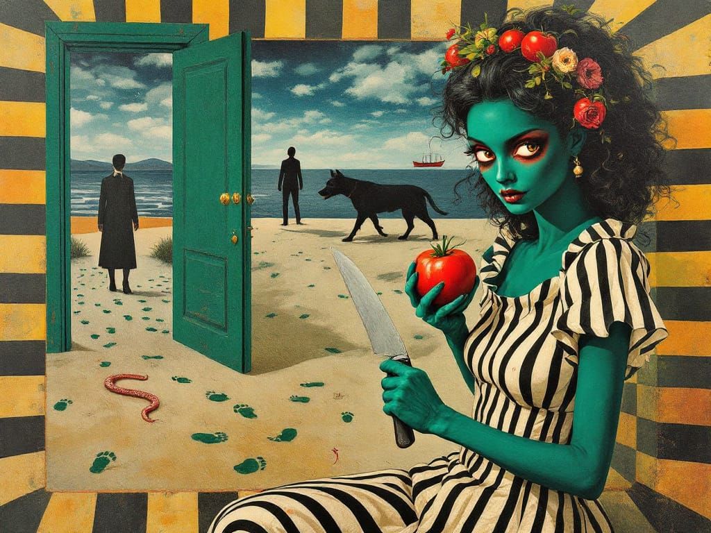 Surreal Woman Slices Tomato in Enigmatic Landscape