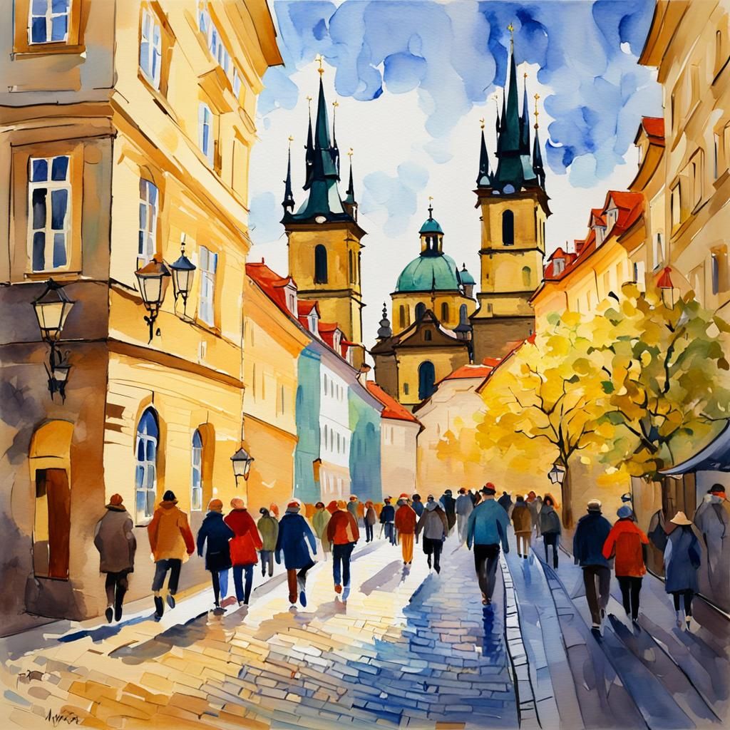 Prague's Golden Street in Spring: Watercolor Gouache