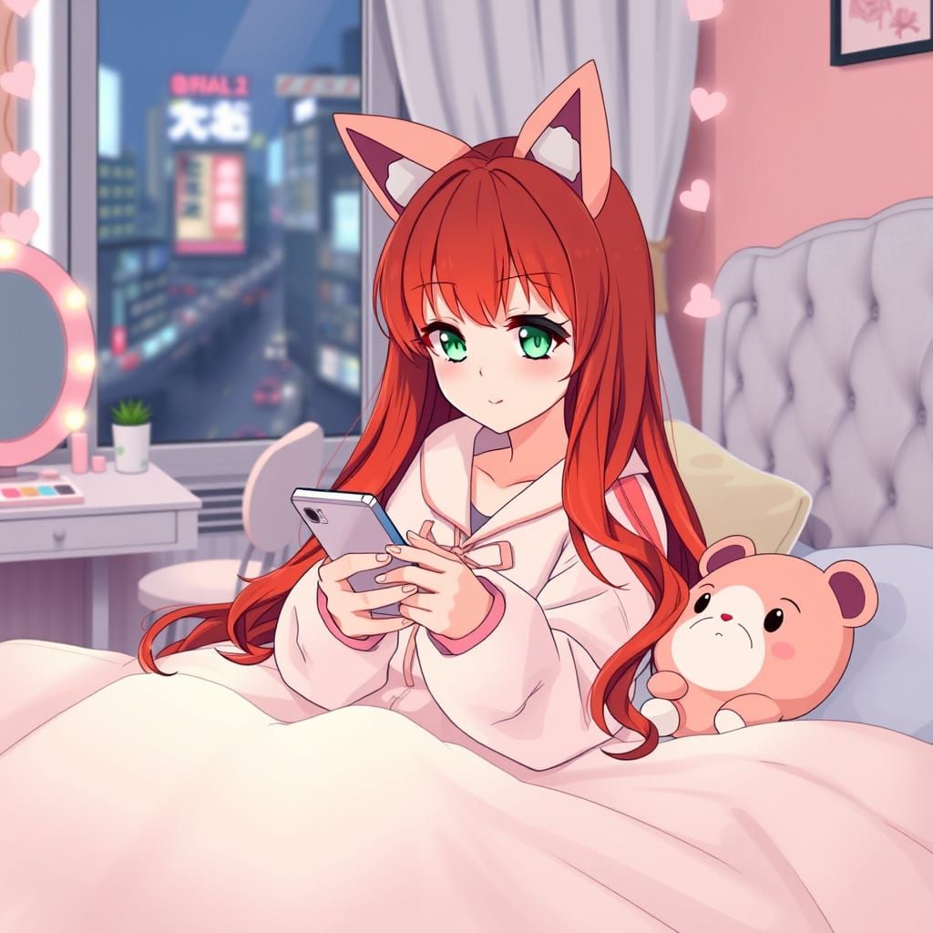 Anime Girl in Cat Pajamas Overlooking Shibuya, Kawaii Aesthe...