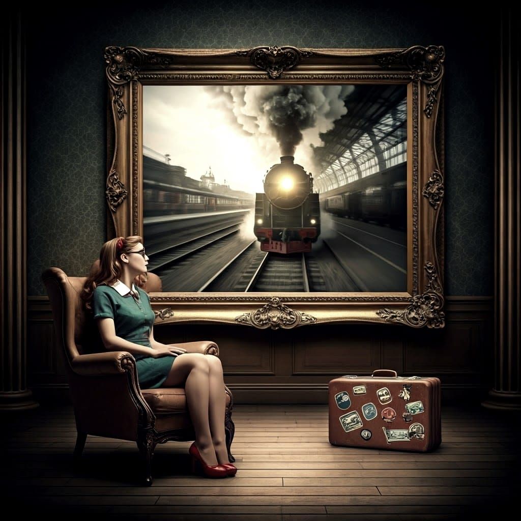 Surreal Steam Train Gallery Scene in Photo-Realistic Style