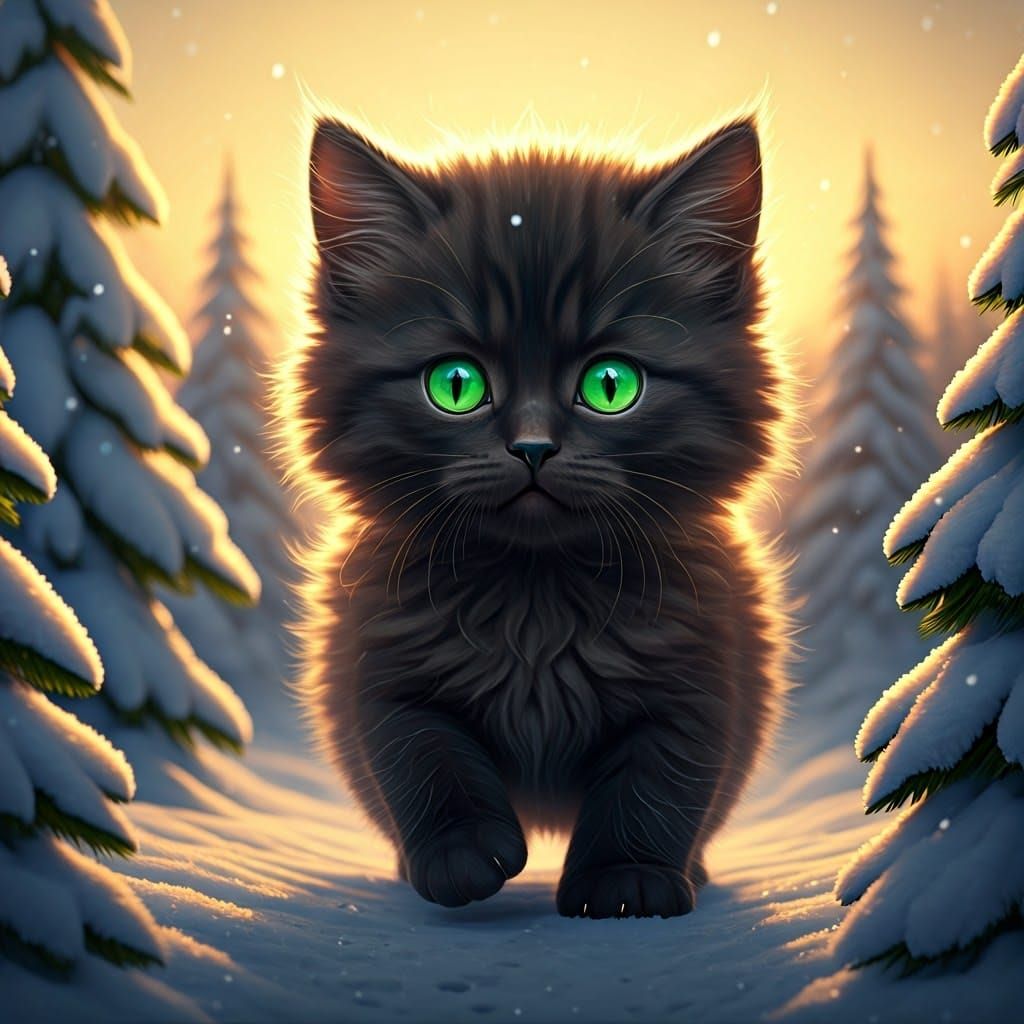 Black Kitten in Winter Wonderland, Hyperrealistic Splash Art