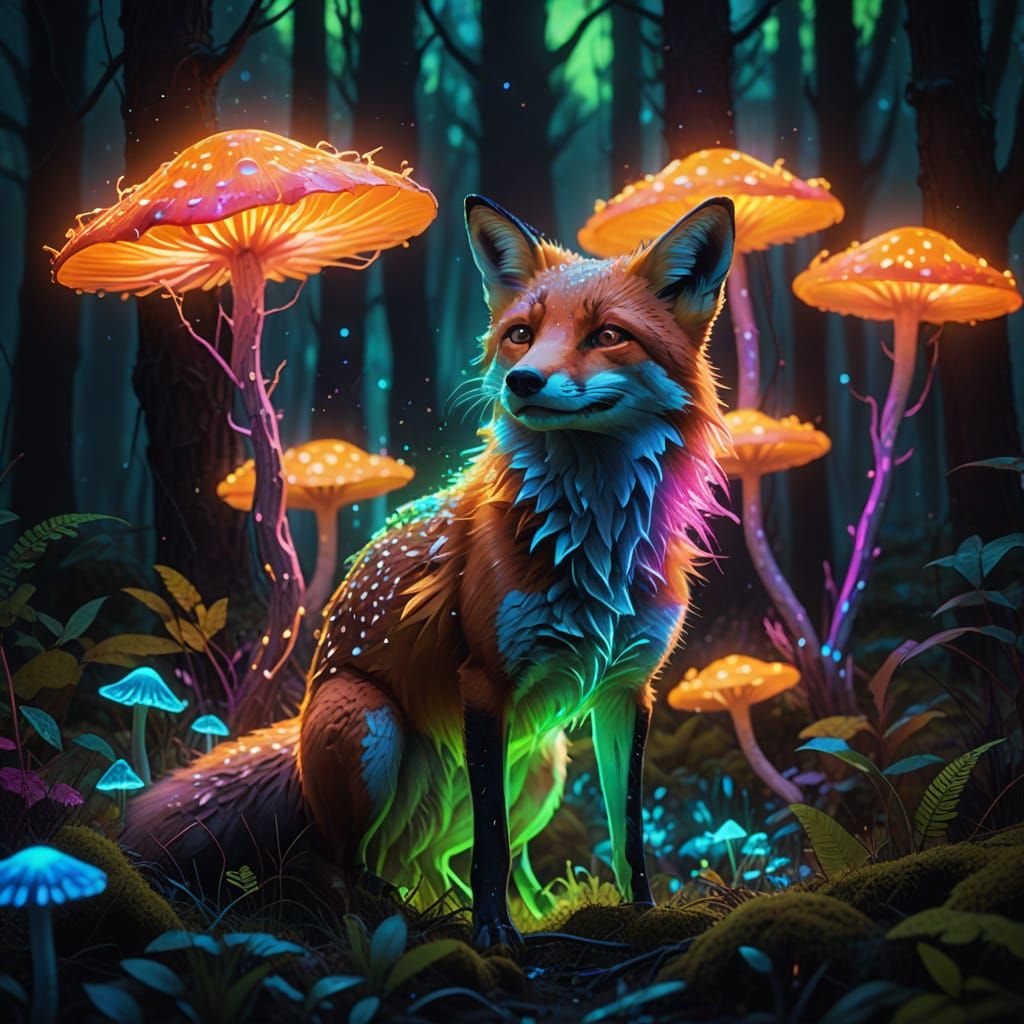 Ethereal Fox in a Vibrant Neon Forest