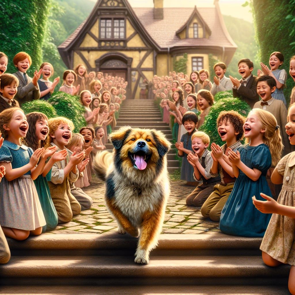 Joyful Mongrel Dog Ascends Steps in Children's Performance