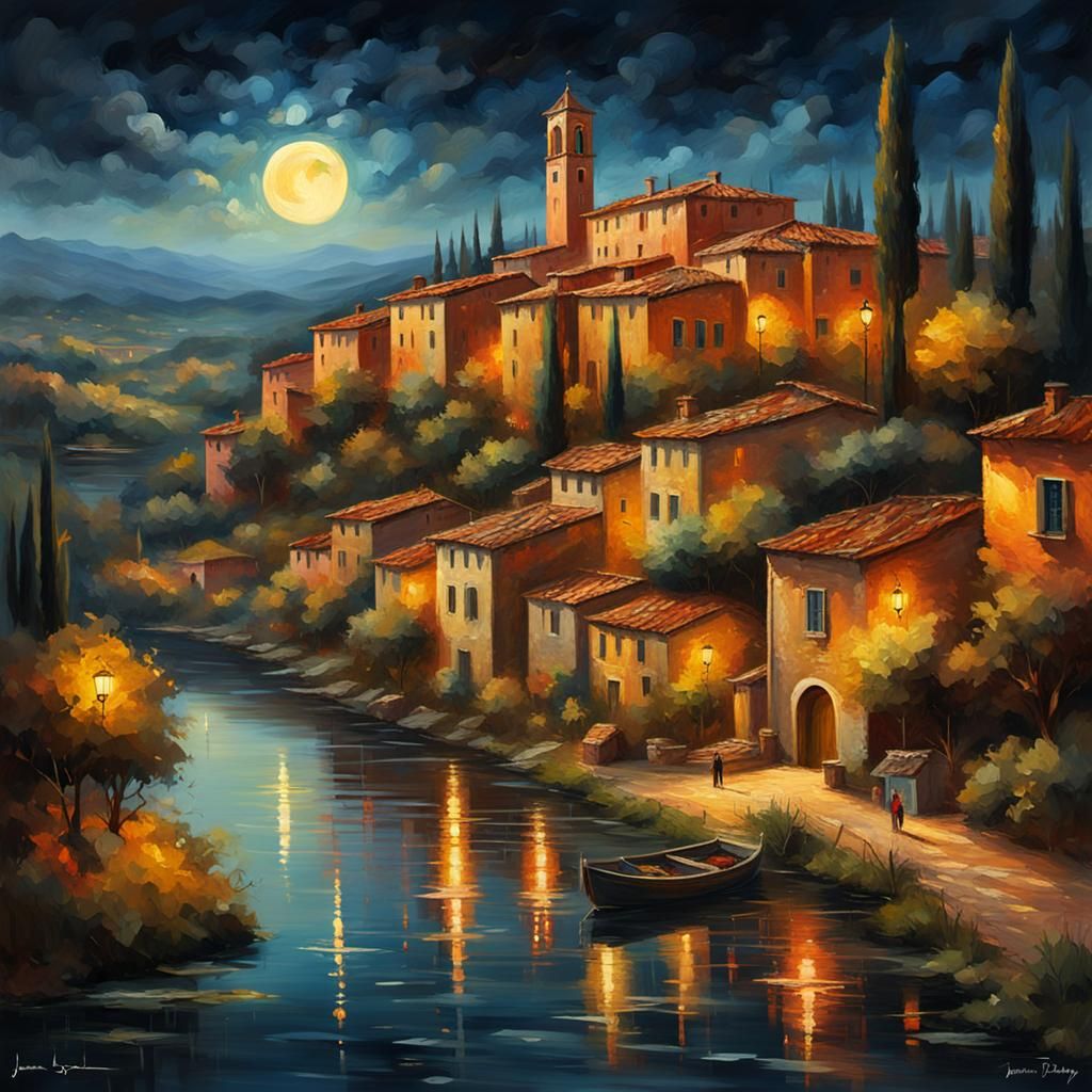 Tuscan Night Impressionist Painting in the Style of Masters