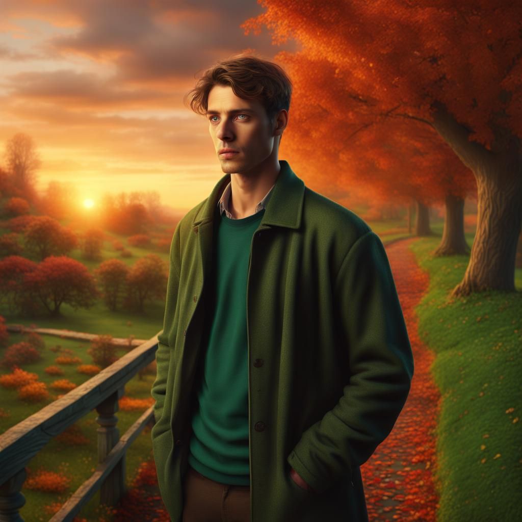 Melancholy Man in Autumn Garden Sunset