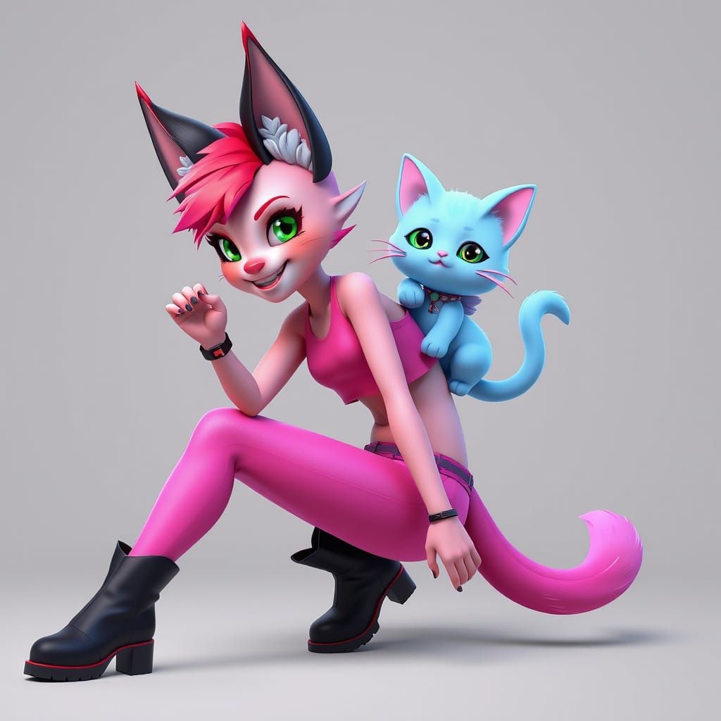 Anime-Inspired Tabaxi with Bright Green Eyes and Red Pixie F...