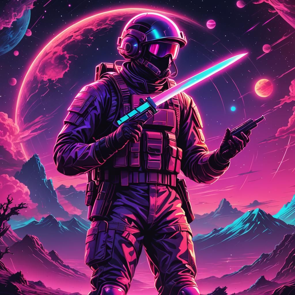 Soldier with Knife in Synthwave Neon World
