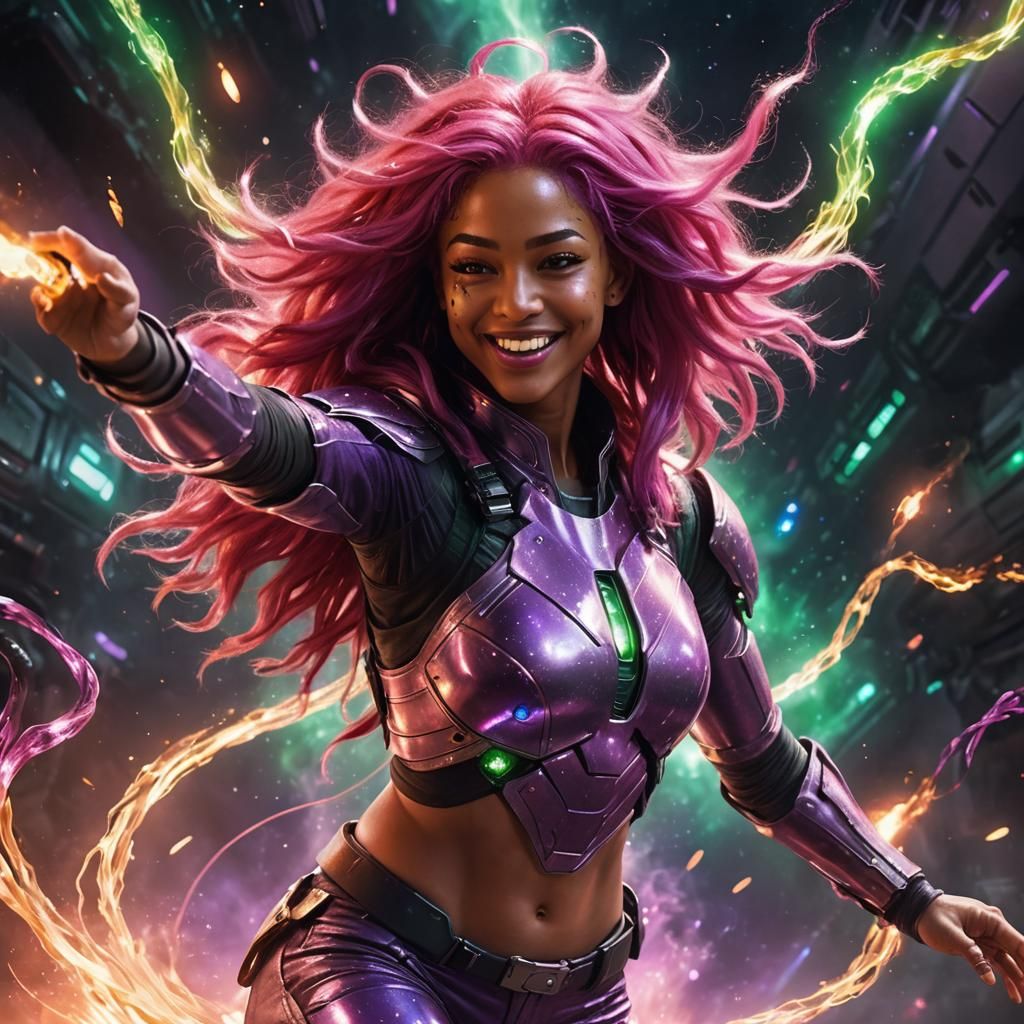 Alien Girl with Pink Fire Hair in Space