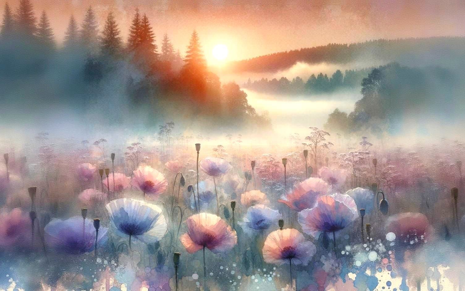 Ethereal Poppy Field Sunrise in Watercolor Style