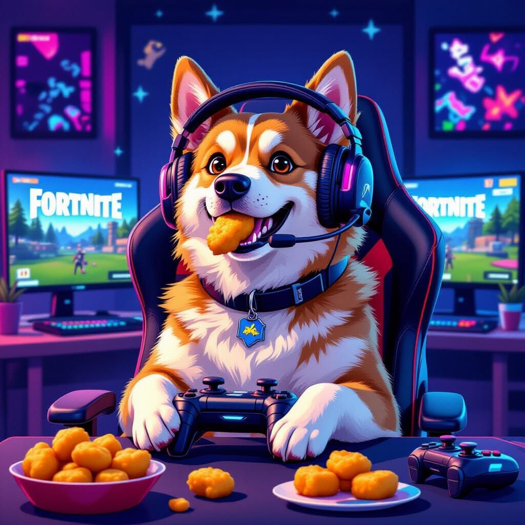 Dog Gamer in Neon Futuristic Illustration