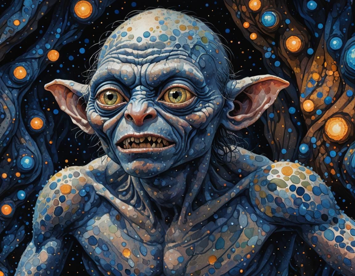 Dots of Darkness: A Pointillist Gollum Cowers in a Dark Cave...