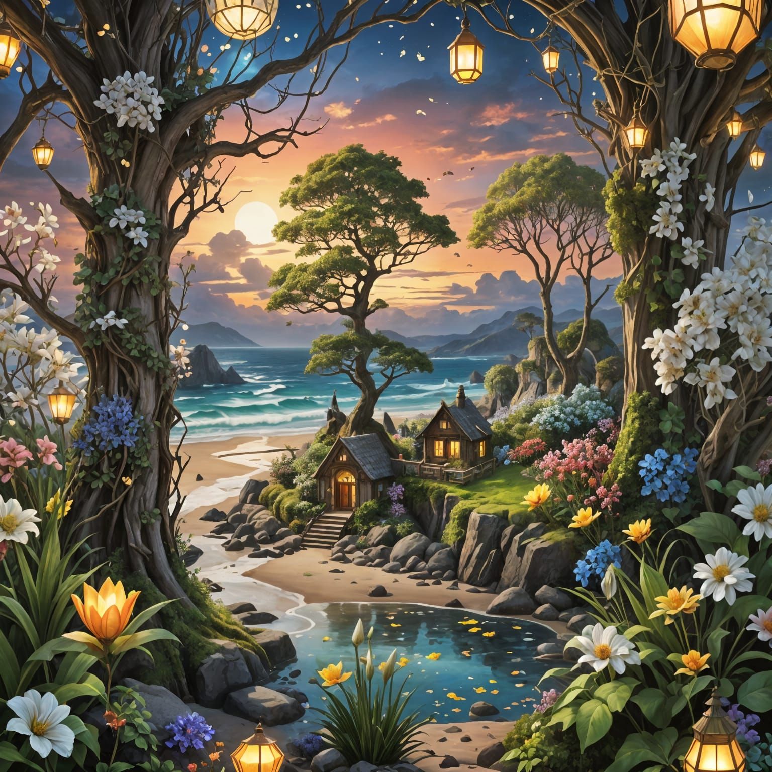 Stunning Beach House in Vibrant Stained Glass Style