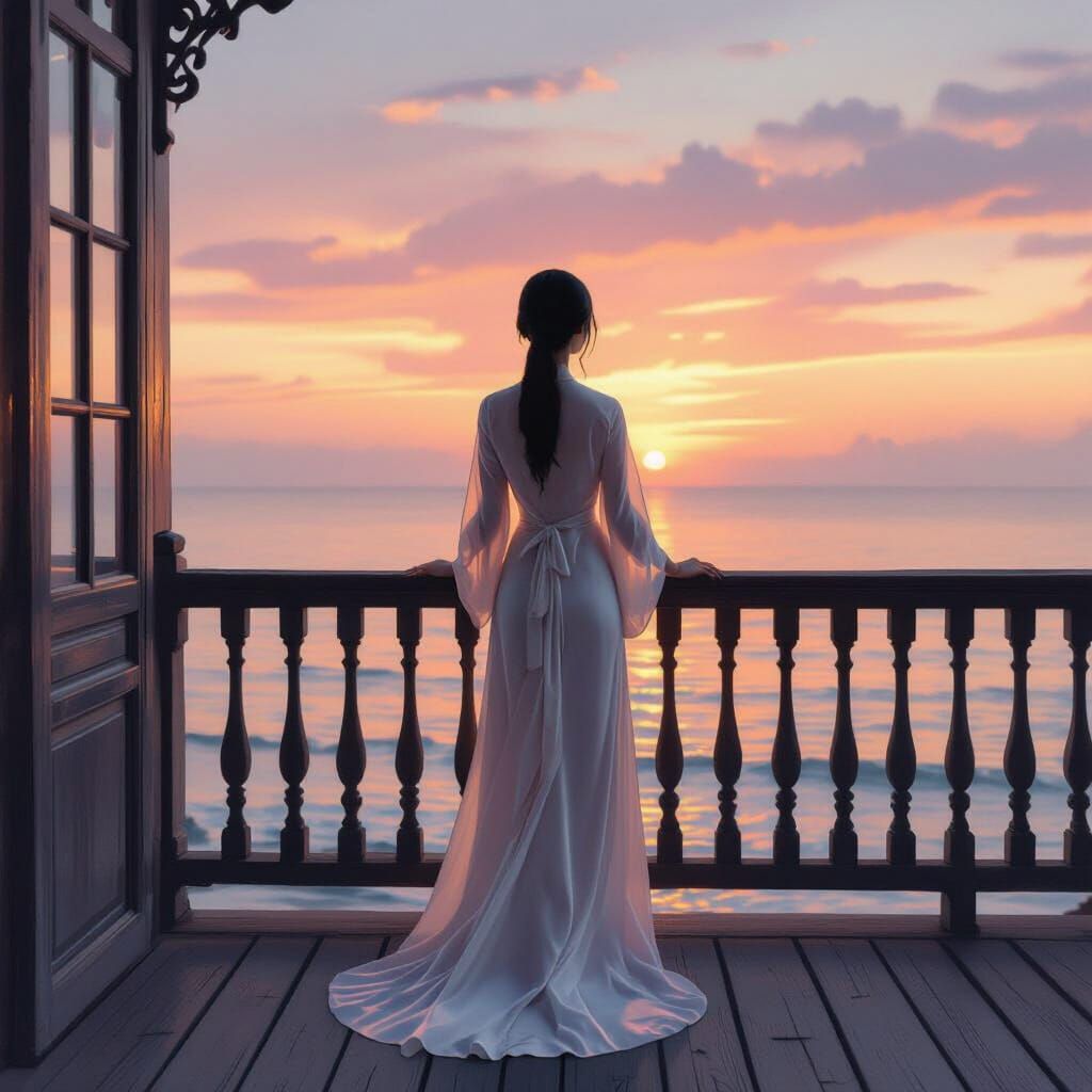 Vietnamese Woman on Balcony Overlooking Ocean at Sunset in A...