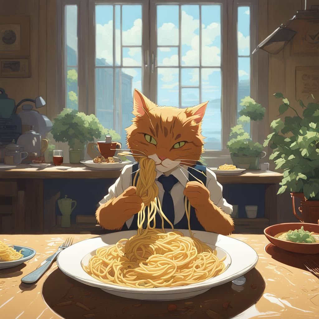 Cat Eating Pasta in Studio Ghibli Style