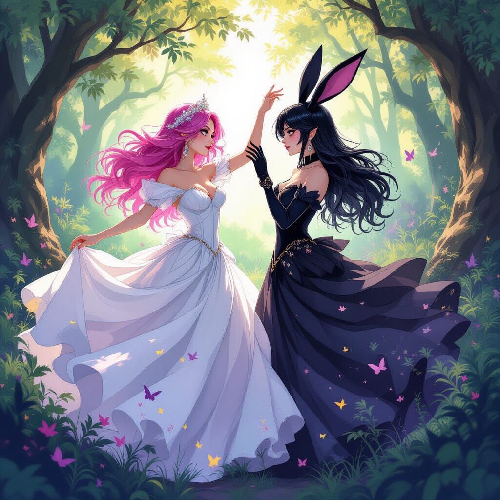 Dancing Women in Fairy Forest, Watercolor Ink Style