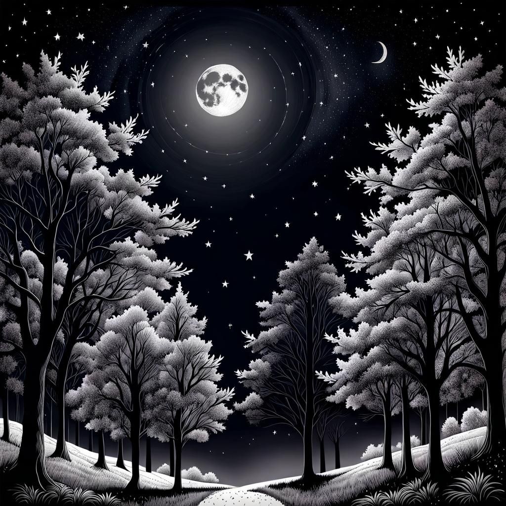 Monochrome Line Drawing of Starry Sky and Trees