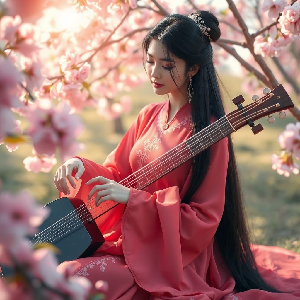 Chinese Woman in Cherry Garden Playing Guzheng