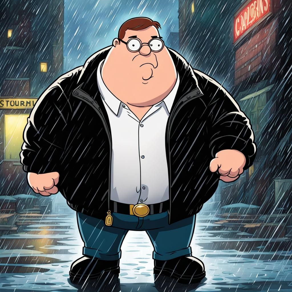 Peter Griffin in Puffer Jacket During Thunderstorm