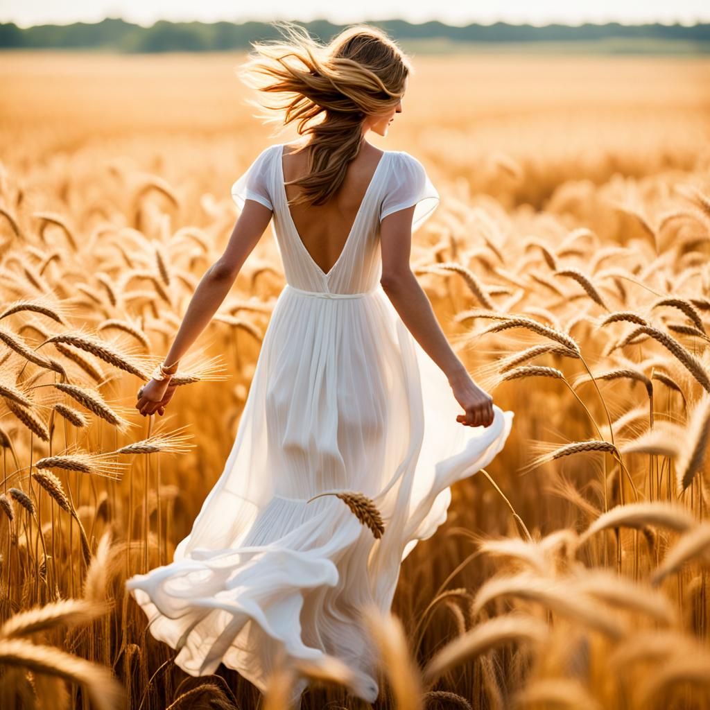 Woman in White Dress Runs Through Wheat Field