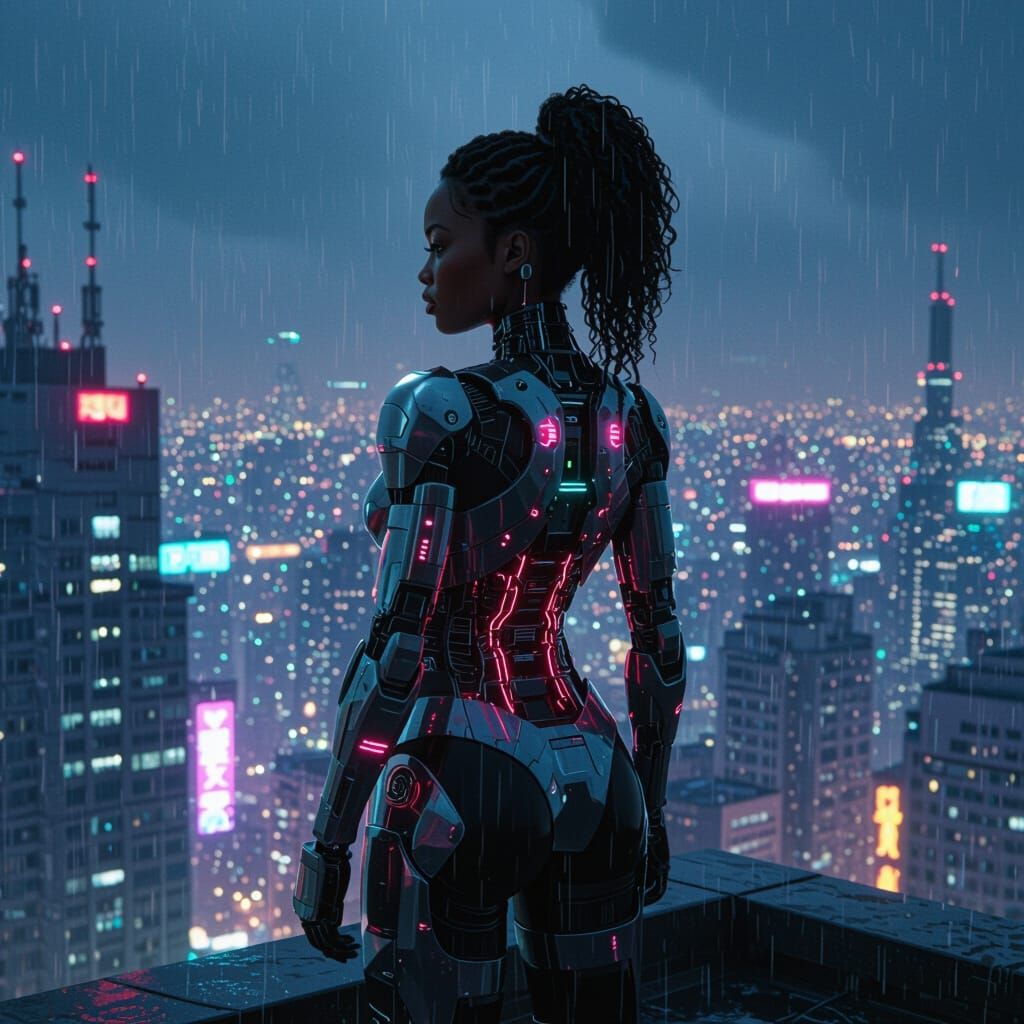 Cyberpunk Woman Overlooking Futuristic Cityscape