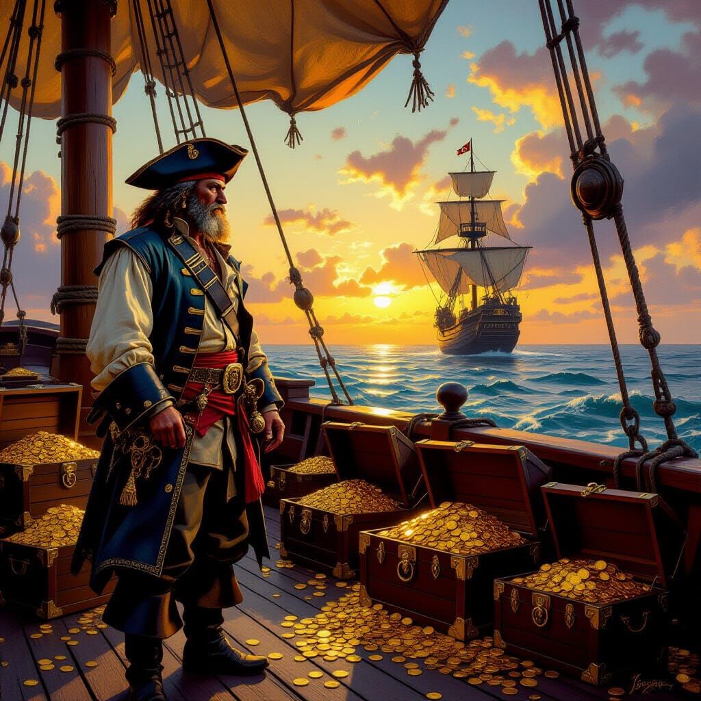 Pirate Captain Gazes at Island in Golden Hour Oil Painting
