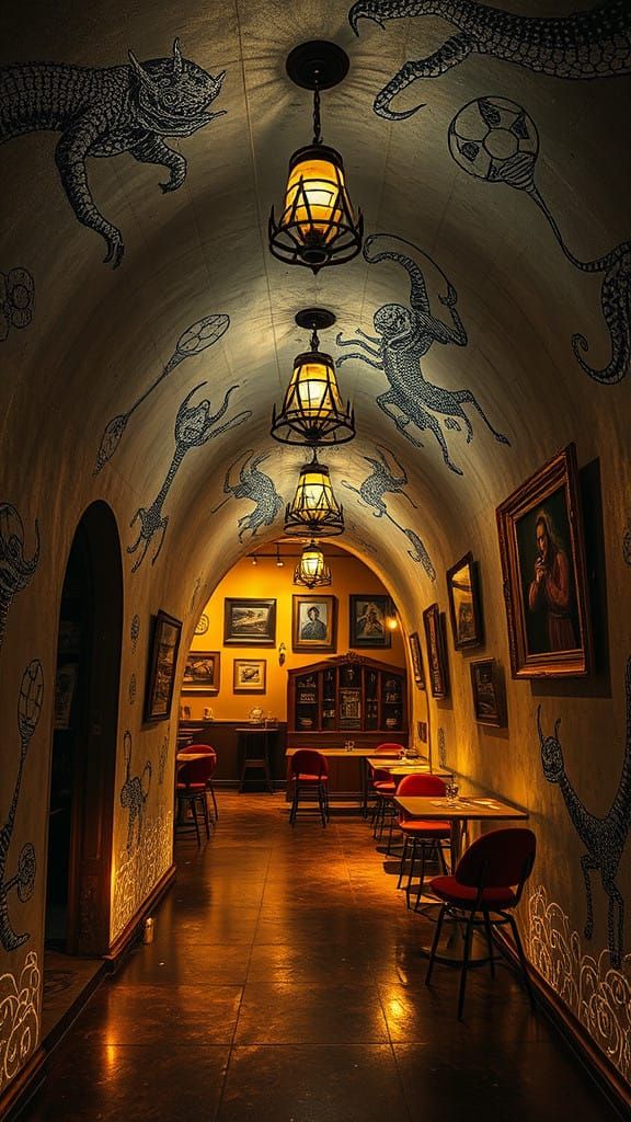 Whimsical Tunnel Entrance to a Surreal Cafe in a Golden Glow