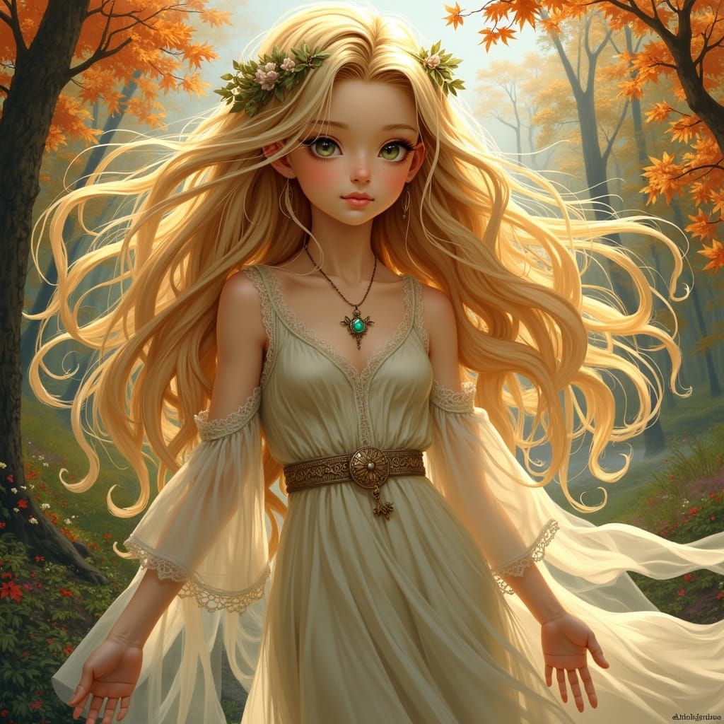 Ethereal Air Spirit in Autumn Forest, Digital Art