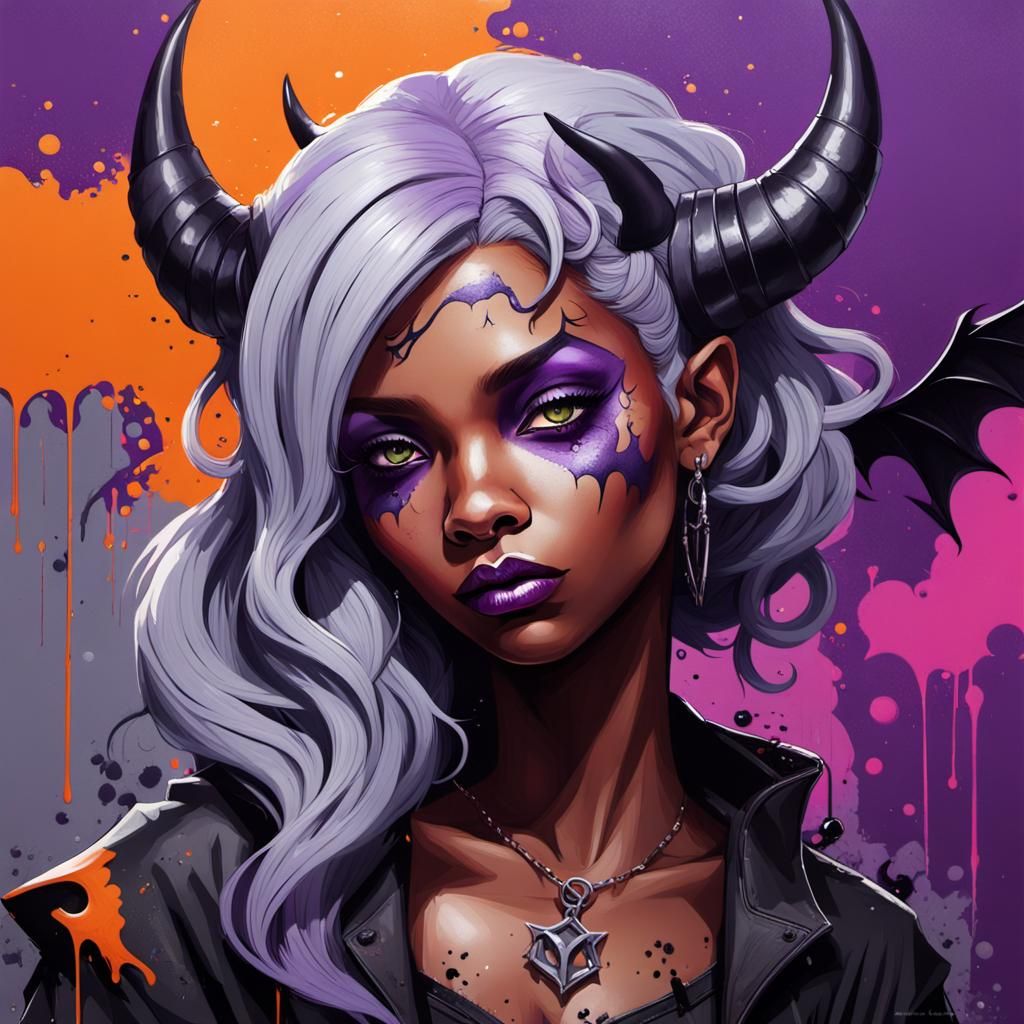Gothic Demoness with Bat Wings in Graffiti Art