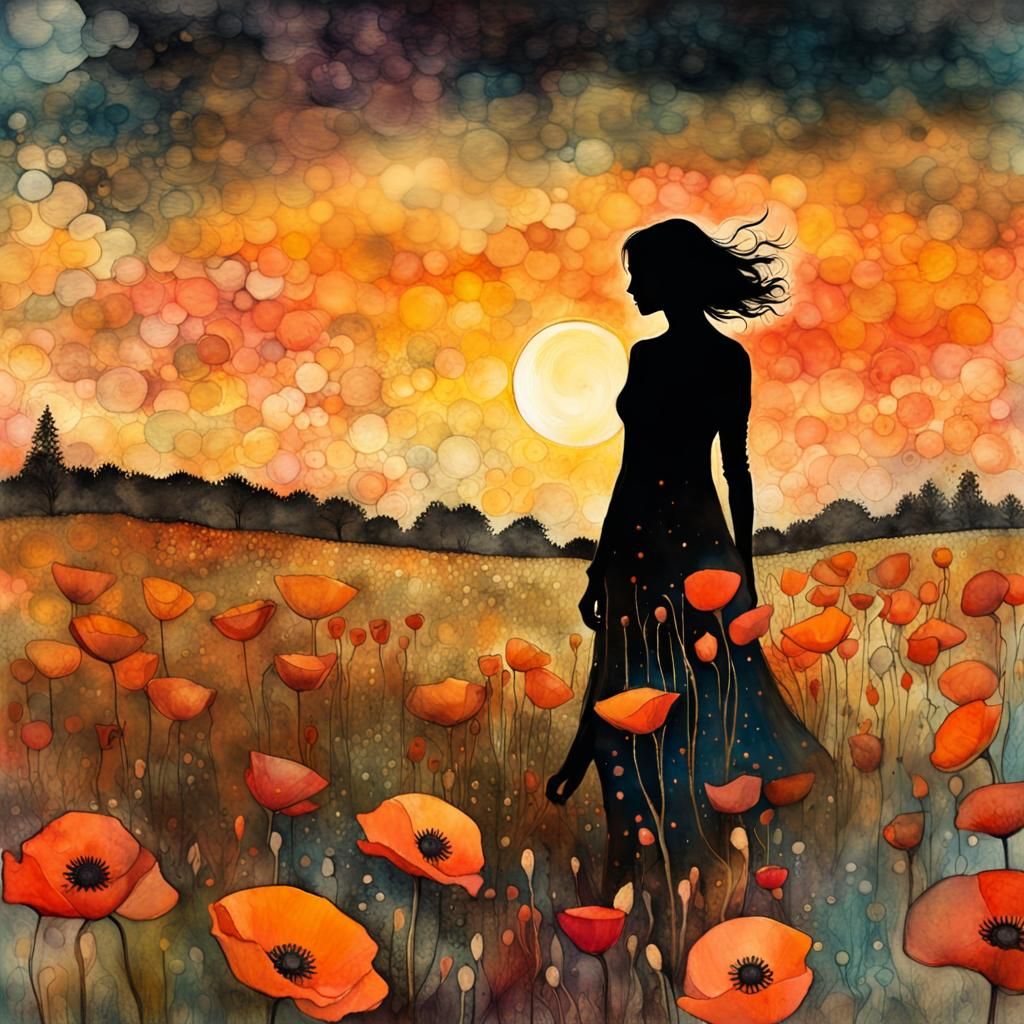 Poppy Field Sunset: Watercolor Double Exposure Illustration