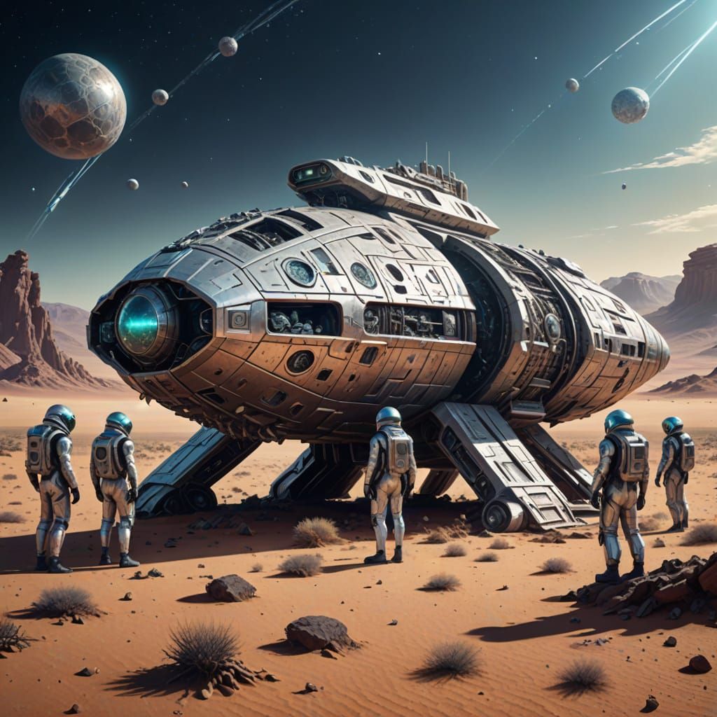 Futuristic Scientists Examine Crashed Spaceship in Alien Des...