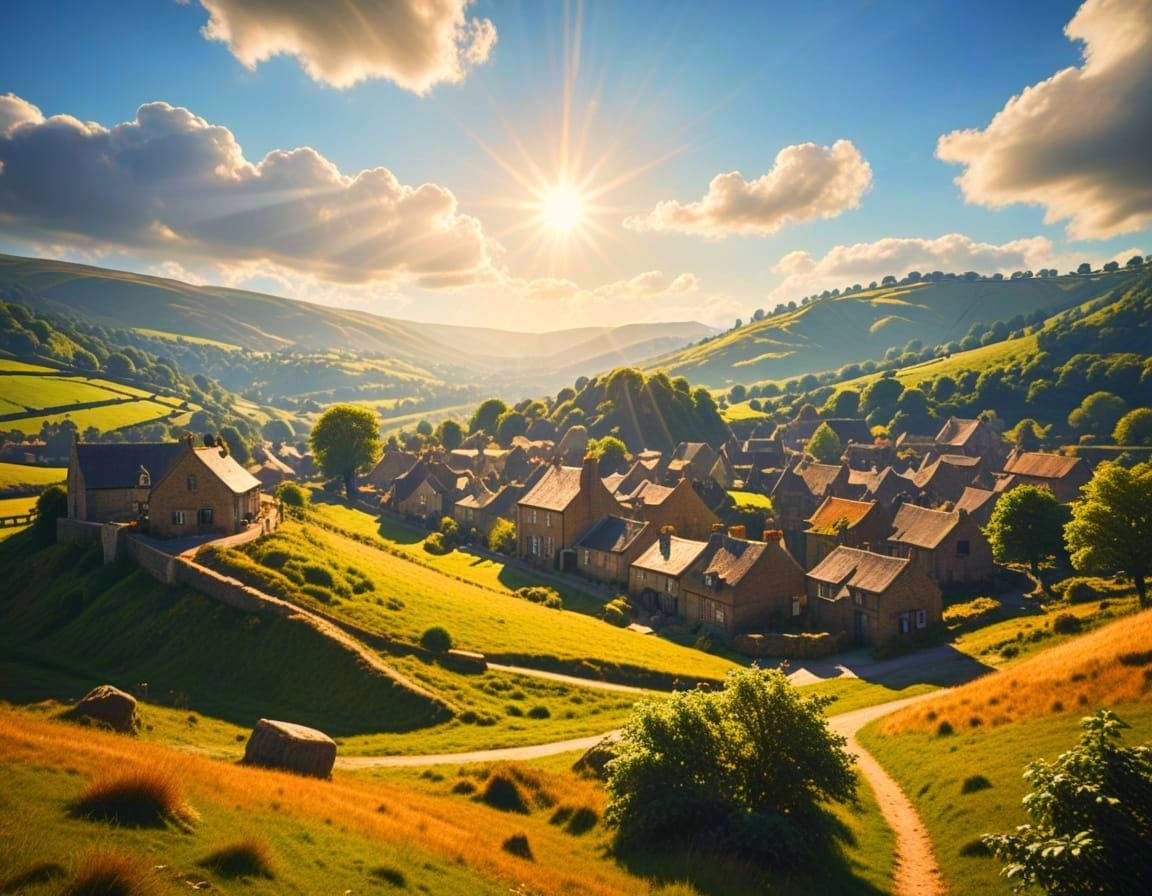 Surreal English Village in Idyllic Countryside Landscape