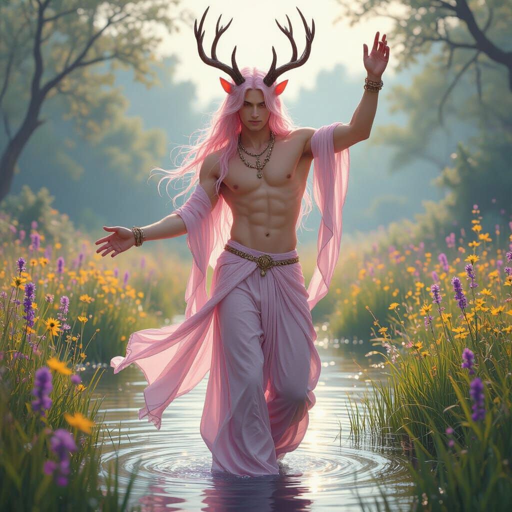Fantasy Male with Pink Hair and Deer Horns