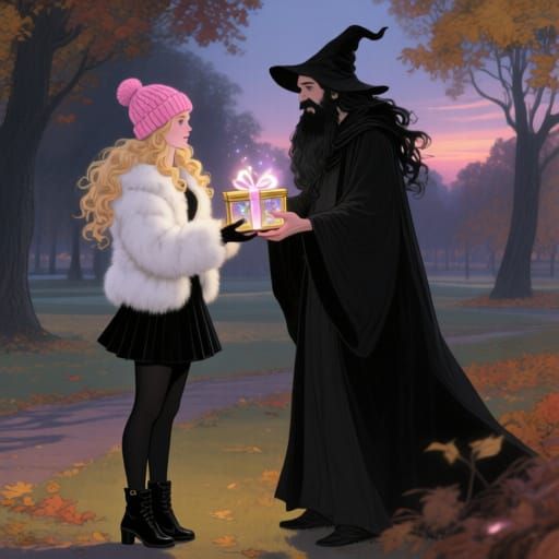 Fantasy Autumn Scene: Woman Receives Gift From Wizard
