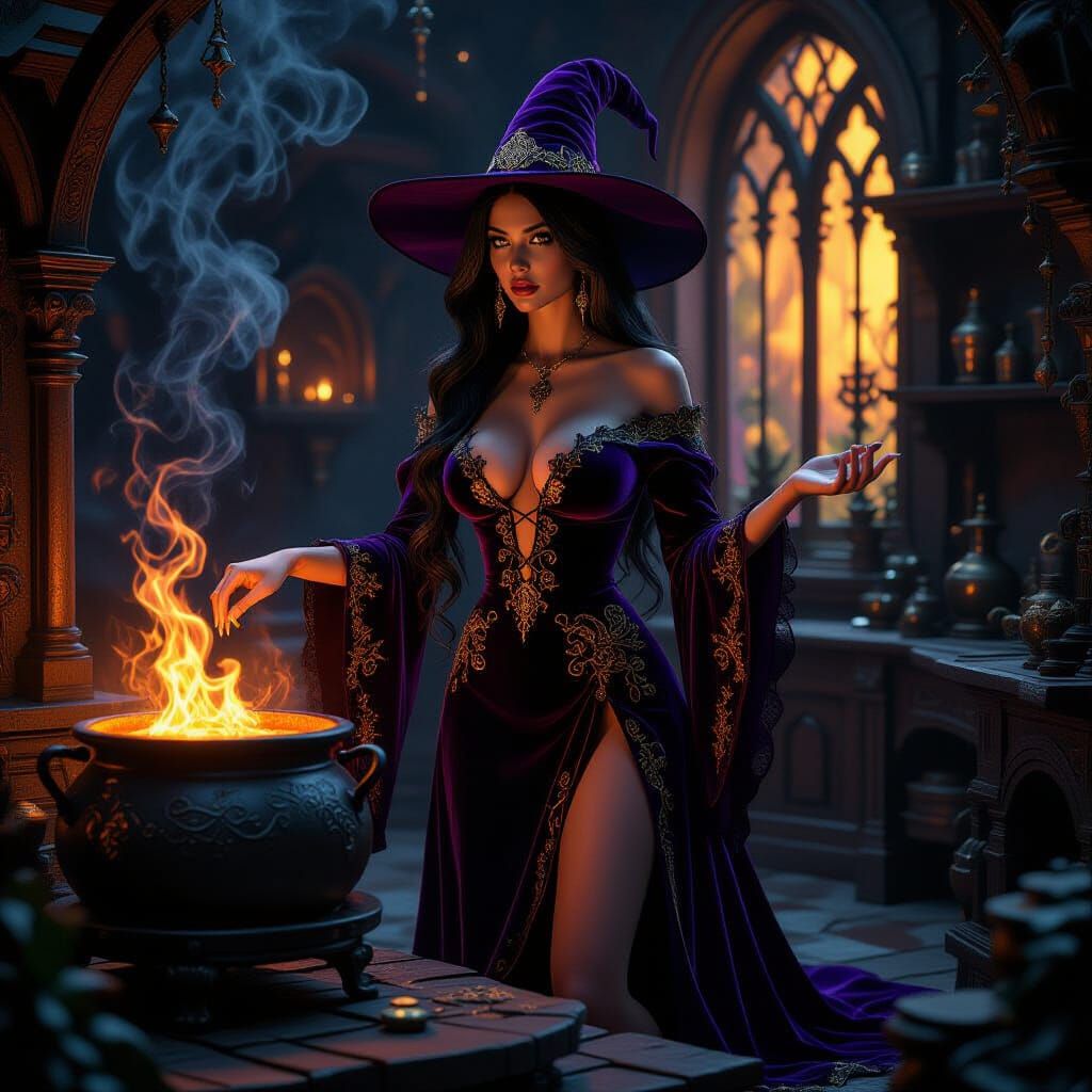 Enchanting Witch Casting Spell in Dark Fantasy Style