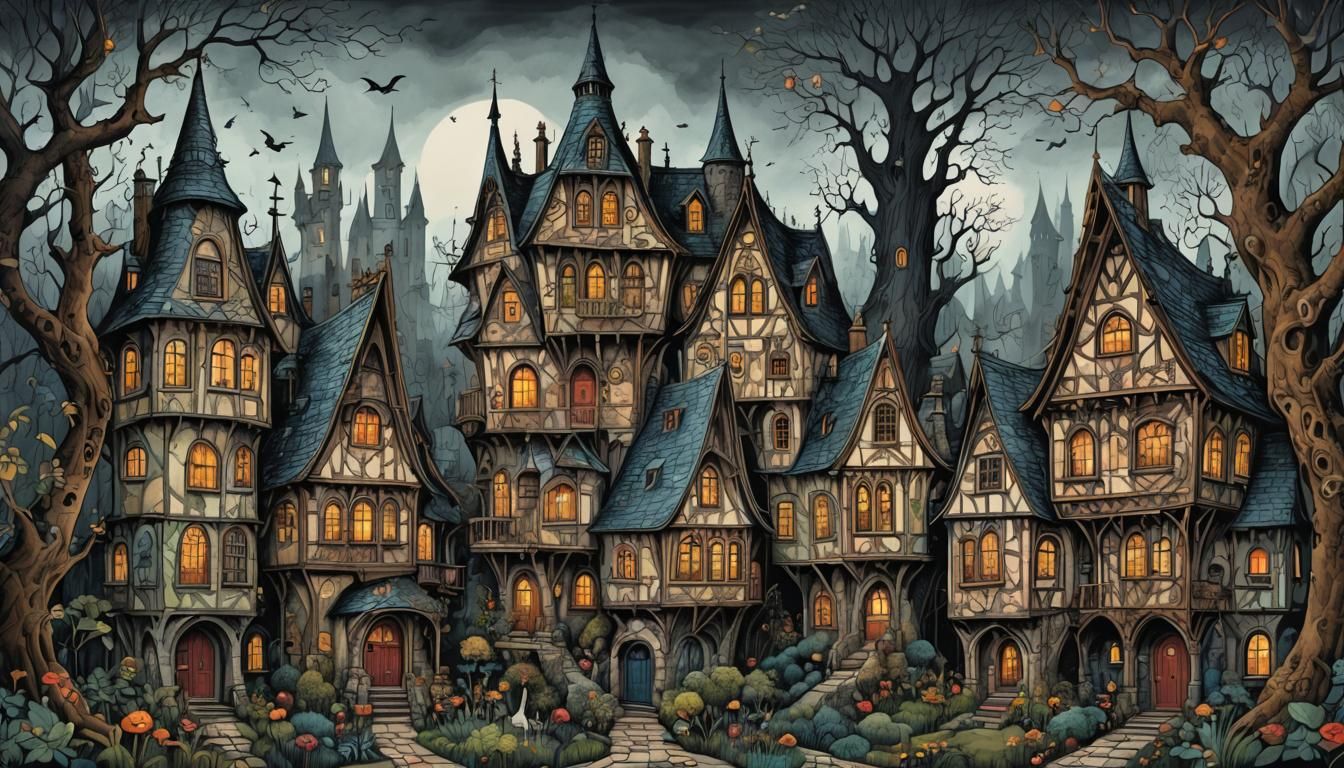 Whimsical Gothic Village in Pen and Ink Style